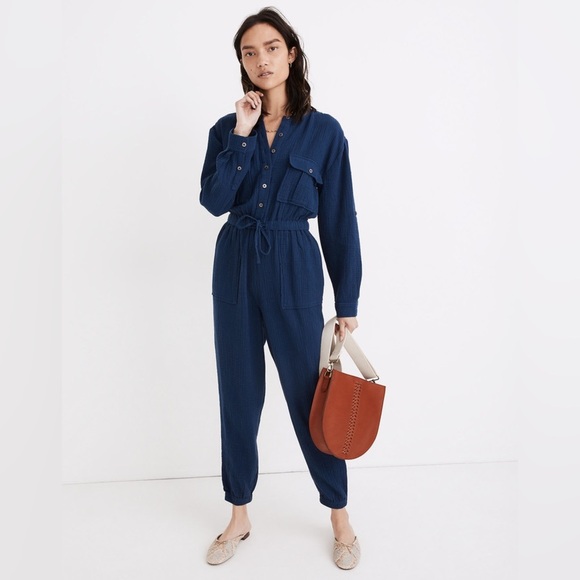 EUC Madewell Lightspun Gauze Tapered Leg Blue Jumpsuit - Picture 1 of 8